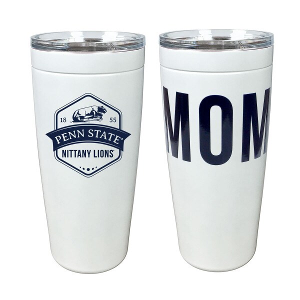 white tumbler with 1855 Penn State Nittany Lions graphic on one side - Mom on the other